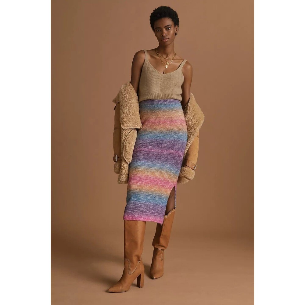 Anthropologie Sunset Knitted Midi Skirt Womens Size 6 Rainbow Stripe Side Slit